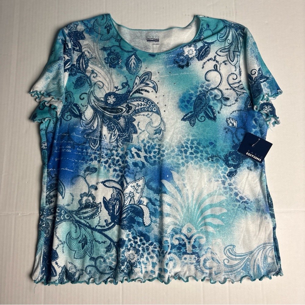 Basic Editions Women’s XXL Shirt Blue White Floral Paisley Lettuce Edge New Tags